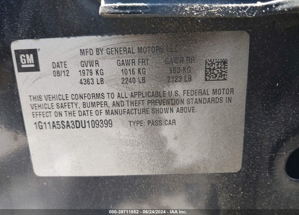 2013 CHEVROLET MALIBU 1FL VIN: 1G11A5SA3DU109399