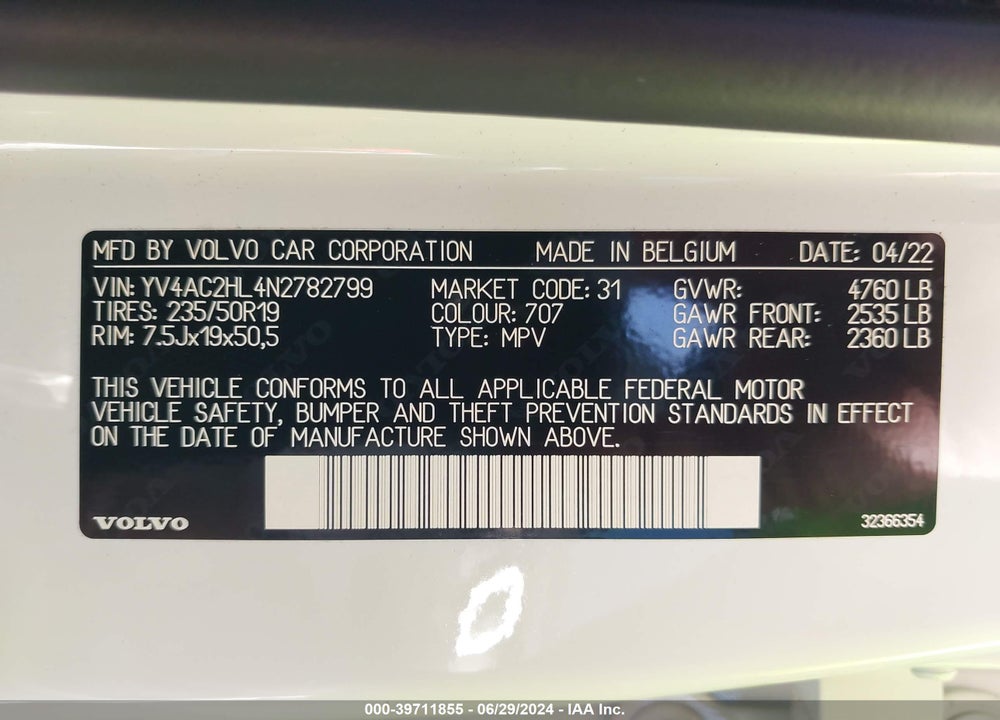 2022 VOLVO XC40 T4 INSCRIPTION VIN: YV4AC2HL4N2782799
