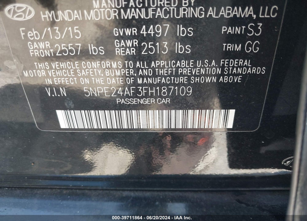 2015 HYUNDAI SONATA SE VIN: 5NPE24AF3FH187109