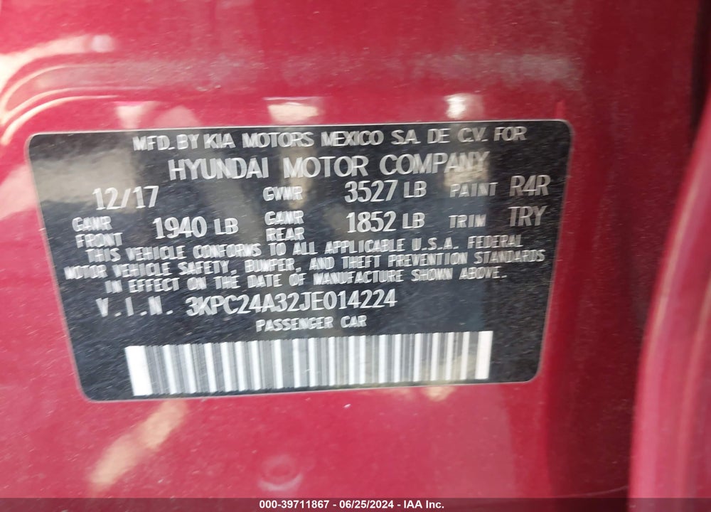 2018 HYUNDAI ACCENT SE VIN: 3KPC24A32JE014224