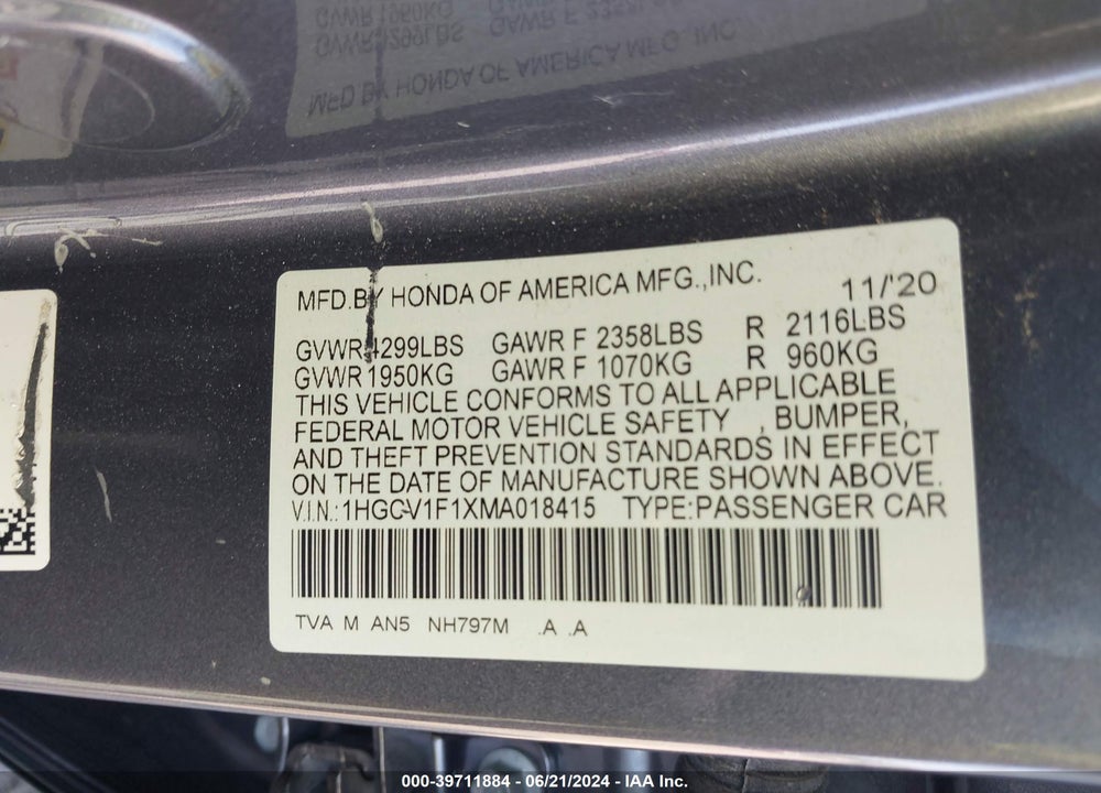 2021 HONDA ACCORD LX VIN: 1HGCV1F1XMA018415