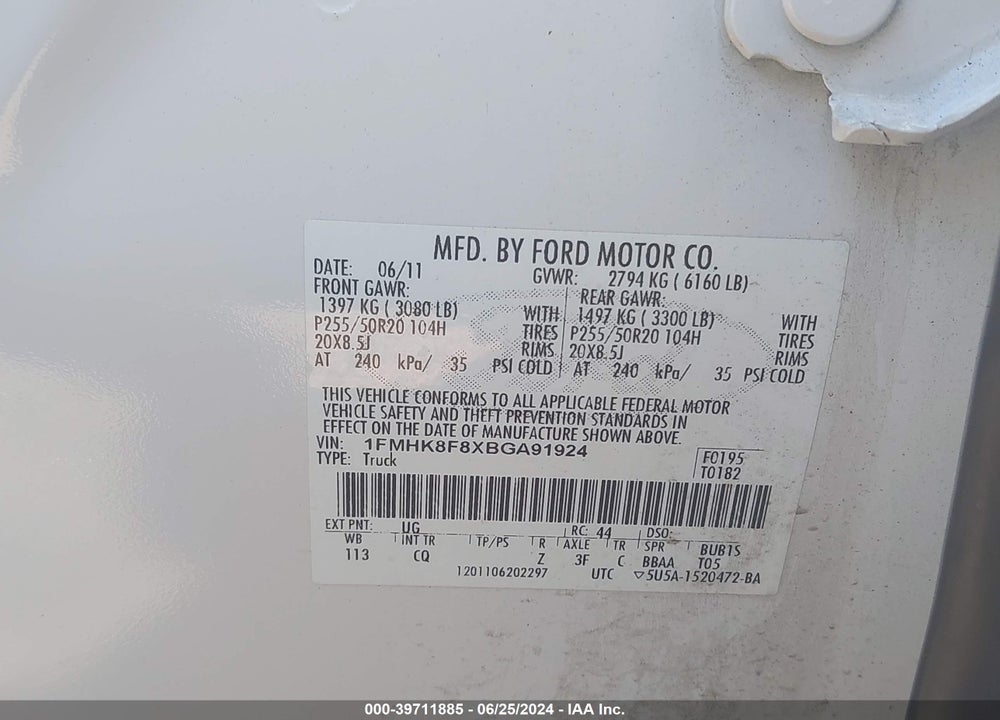 2011 FORD EXPLORER LIMITED VIN: 1FMHK8F8XBGA91924