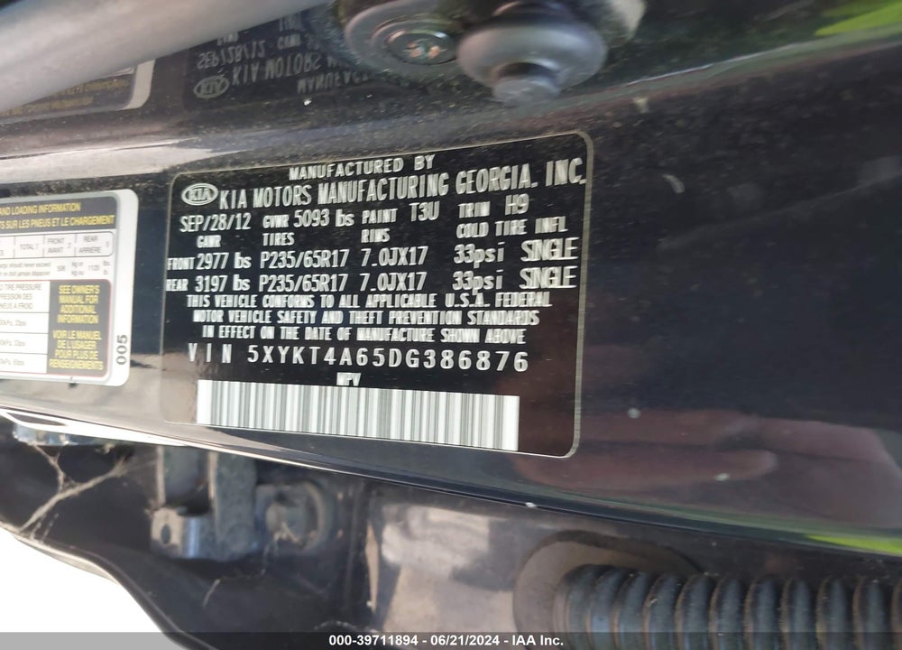 2013 KIA SORENTO LX VIN: 5XYKT4A65DG386876