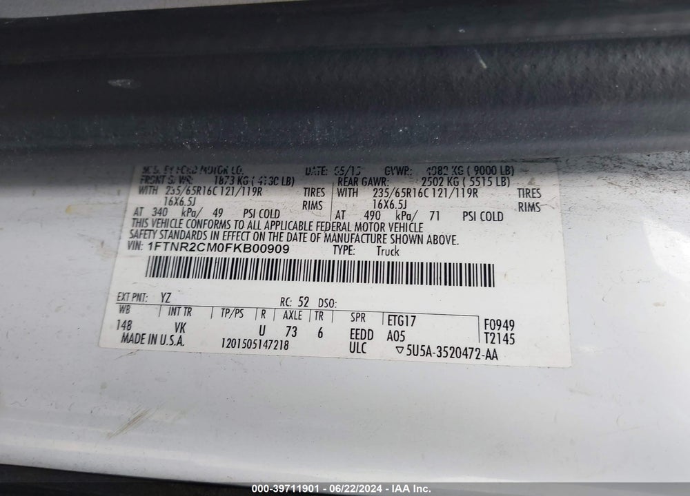 2015 FORD TRANSIT-250 VIN: 1FTNR2CM0FKB00909