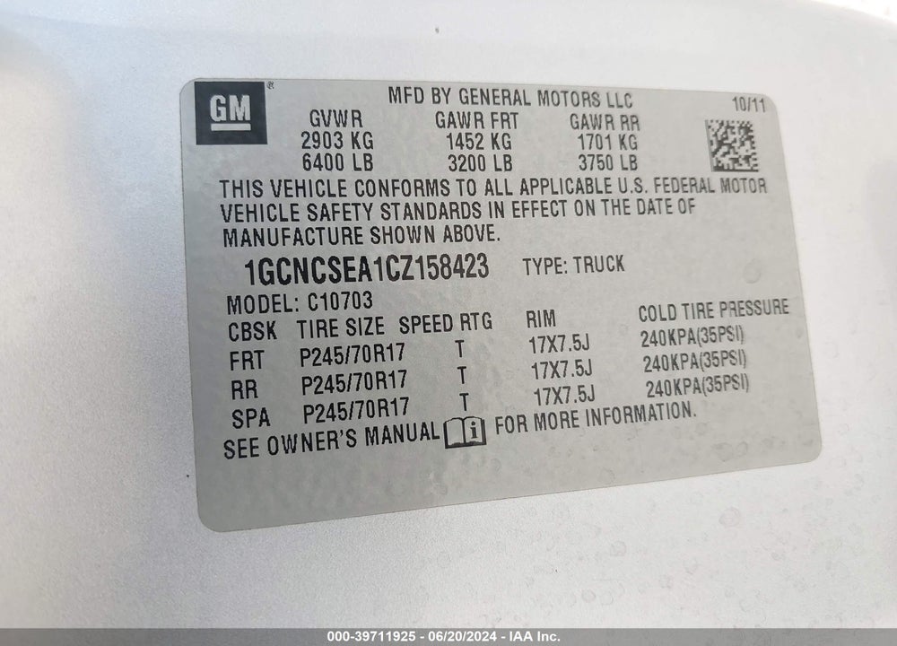 2012 CHEVROLET SILVERADO 1500 LT VIN: 1GCNCSEA1CZ158423