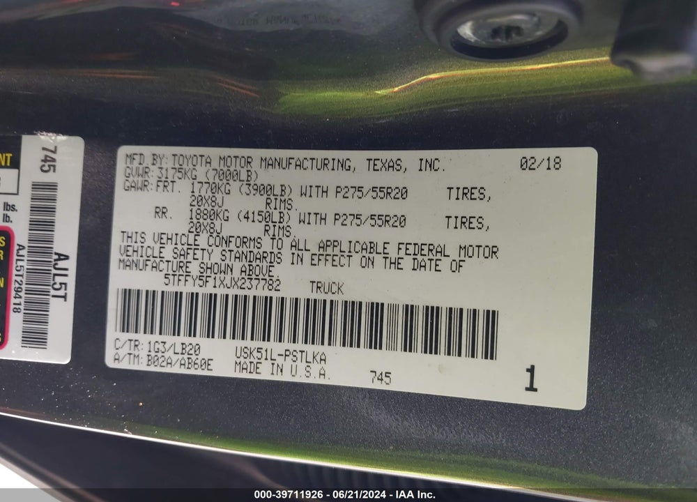 2018 TOYOTA TUNDRA LIMITED 5.7L V8 VIN: 5TFFY5F1XJX237782