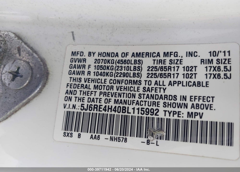 2011 HONDA CR-V SE VIN: 5J6RE4H40BL115992