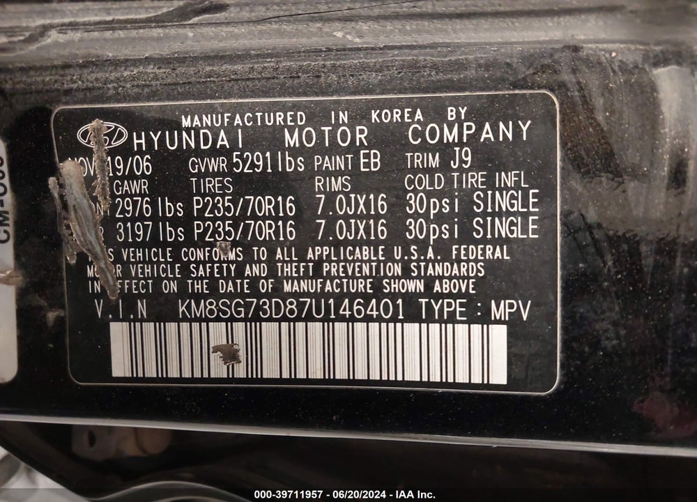 2007 HYUNDAI SANTA FE GLS VIN: KM8SG73D87U146401