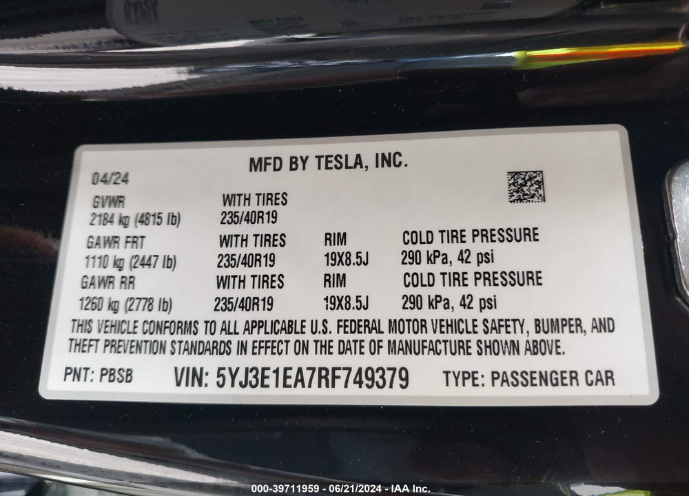 2024 TESLA MODEL 3 REAR-WHEEL DRIVE VIN: 5YJ3E1EA7RF749379
