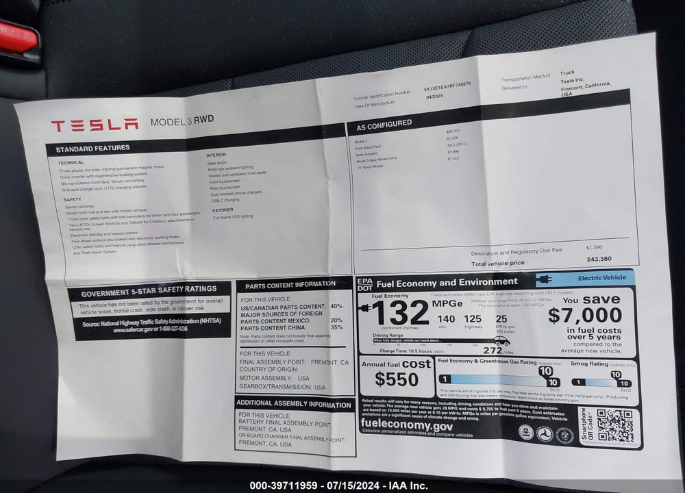 2024 TESLA MODEL 3 REAR-WHEEL DRIVE VIN: 5YJ3E1EA7RF749379