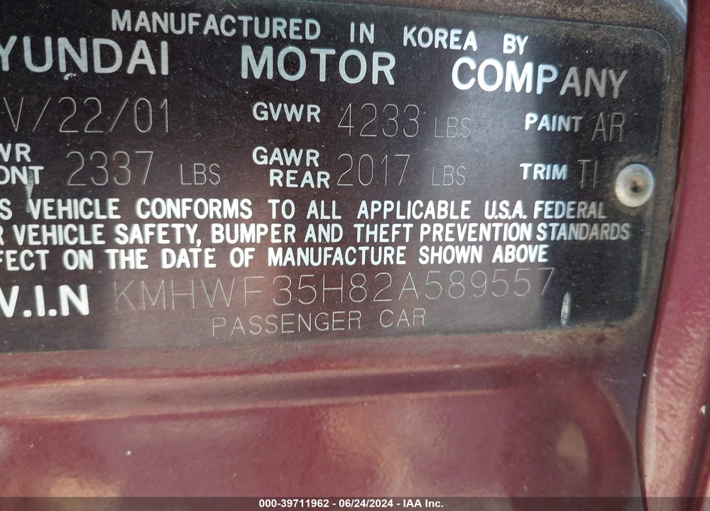 2002 HYUNDAI SONATA GLS/LX VIN: KMHWF35H82A589557