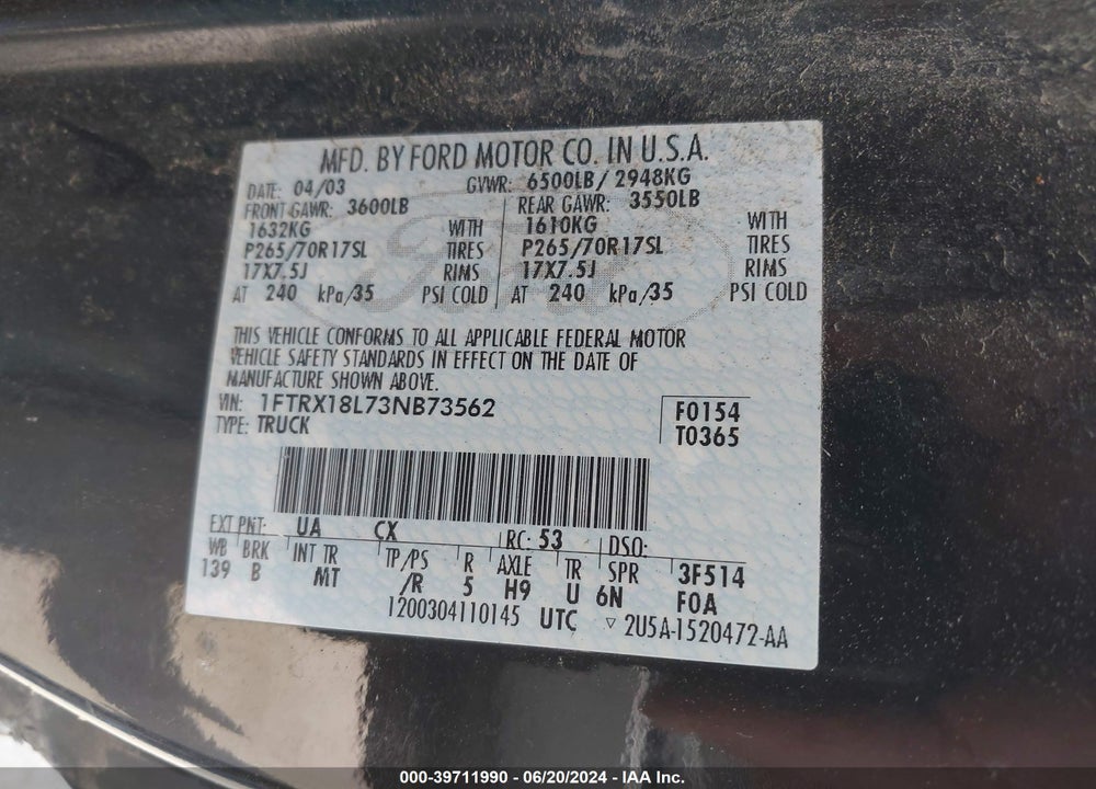 2003 FORD F-150 LARIAT/XL/XLT VIN: 1FTRX18L73NB73562