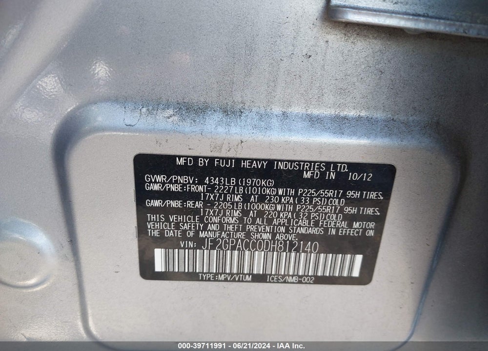2013 SUBARU XV CROSSTREK 2.0I PREMIUM VIN: JF2GPACC0DH812140