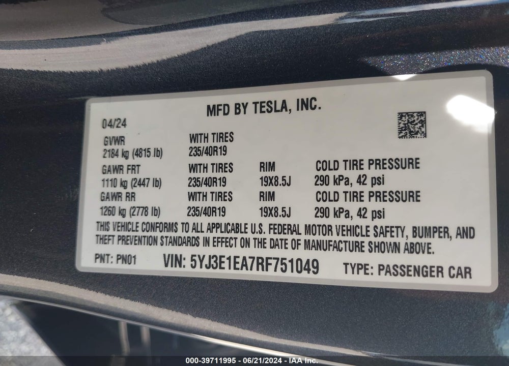 2024 TESLA MODEL 3 REAR-WHEEL DRIVE VIN: 5YJ3E1EA7RF751049