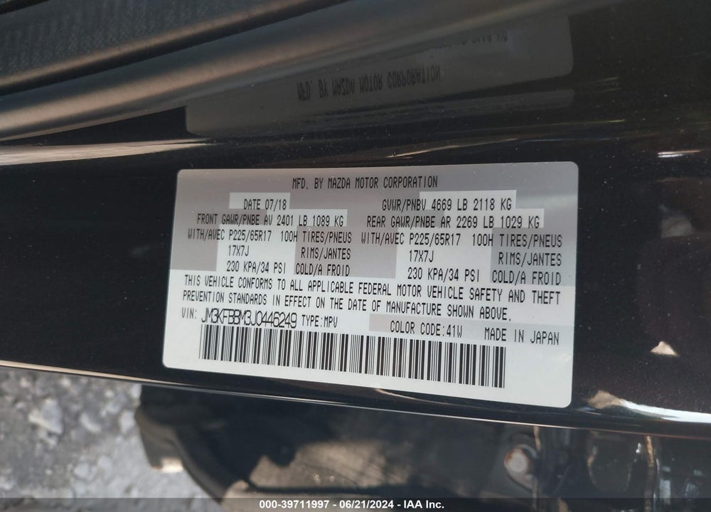 2018 MAZDA CX-5 SPORT VIN: JM3KFBBM3J0446249