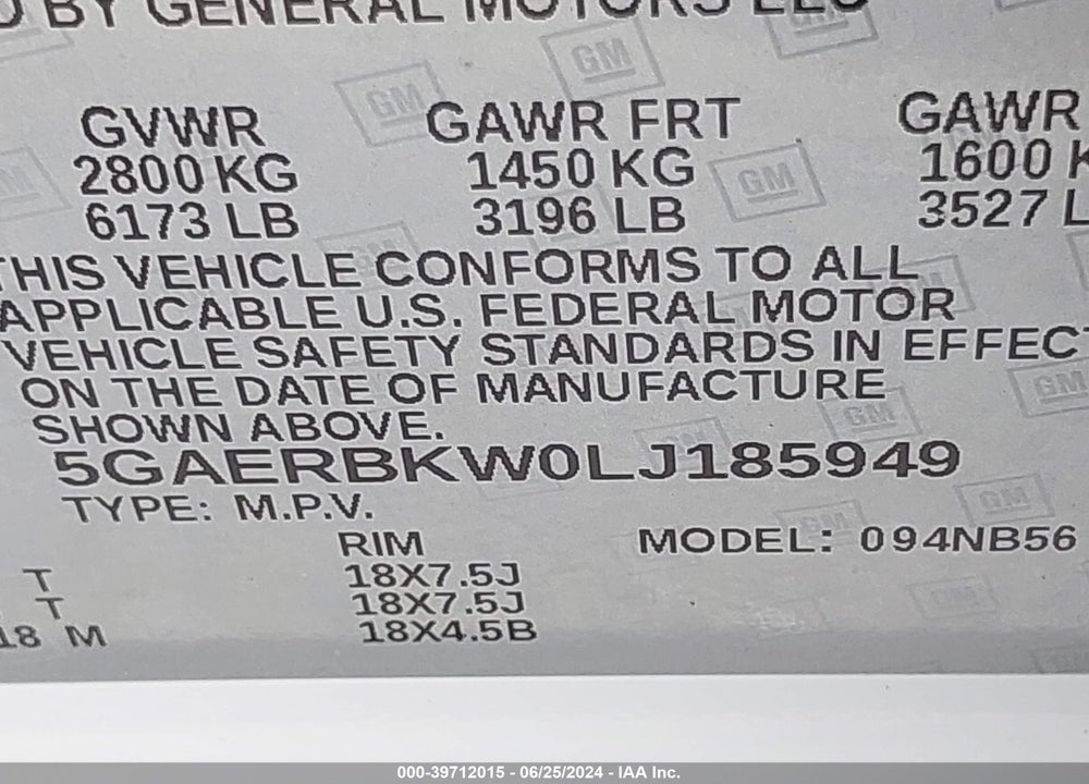 2020 BUICK ENCLAVE FWD ESSENCE VIN: 5GAERBKW0LJ185949