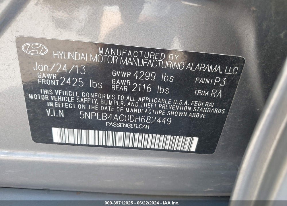 2013 HYUNDAI SONATA GLS VIN: 5NPEB4AC0DH682449