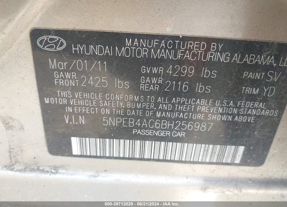 2011 HYUNDAI SONATA VIN: 5NPEB4AC6BH256987