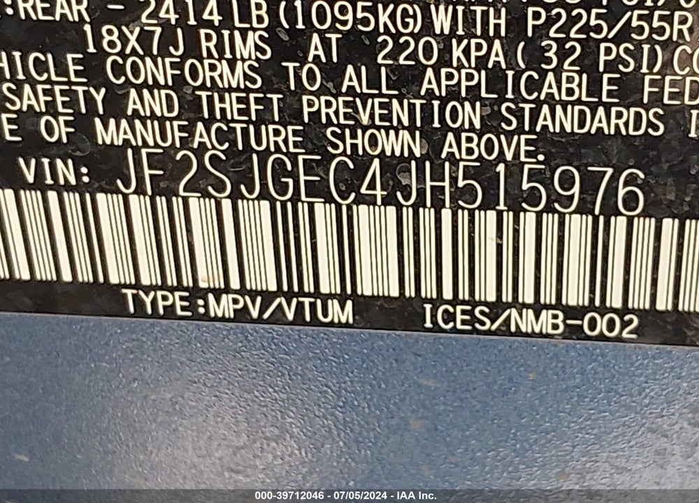 2018 SUBARU FORESTER 2.0XT PREMIUM VIN: JF2SJGEC4JH515976