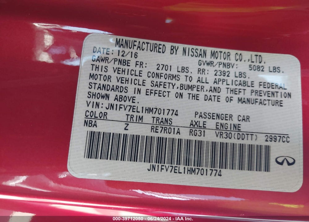 2017 INFINITI Q60 3.0T RED SPORT 400 VIN: JN1FV7EL1HM701774