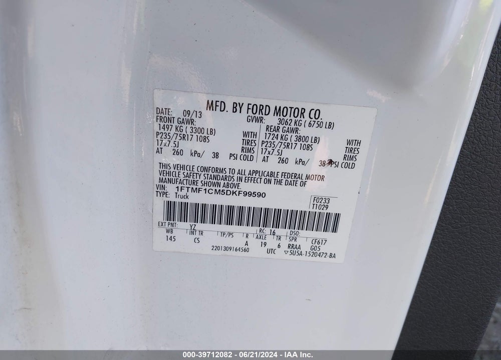 2013 FORD F-150 XL VIN: 1FTMF1CM5DKF99590