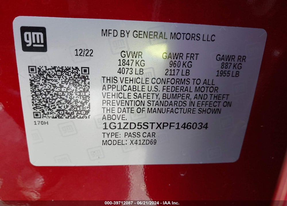 2023 CHEVROLET MALIBU FWD 1LT VIN: 1G1ZD5STXPF146034