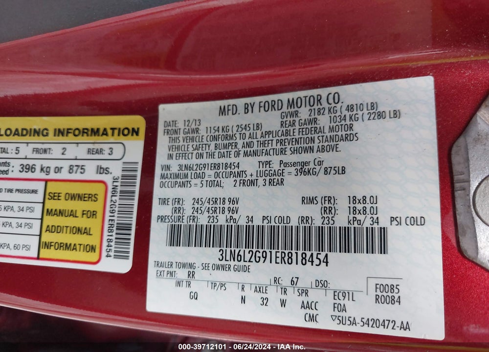 2014 LINCOLN MKZ VIN: 3LN6L2G91ER818454