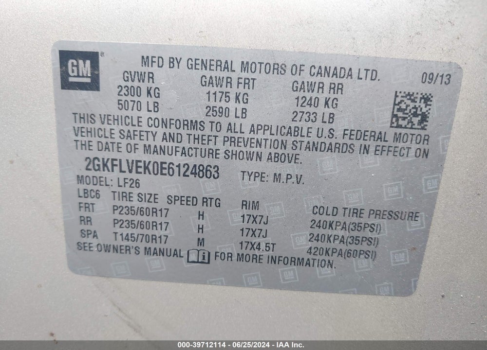 2014 GMC TERRAIN SLE-1 VIN: 2GKFLVEK0E6124863