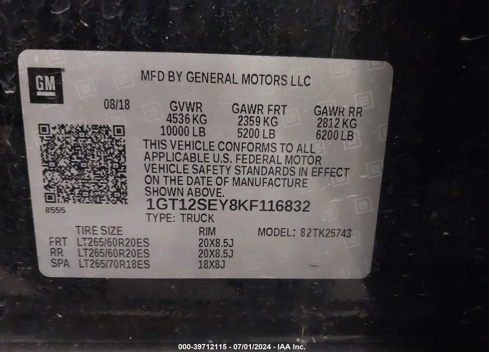 2019 GMC SIERRA 2500HD DENALI VIN: 1GT12SEY8KF116832