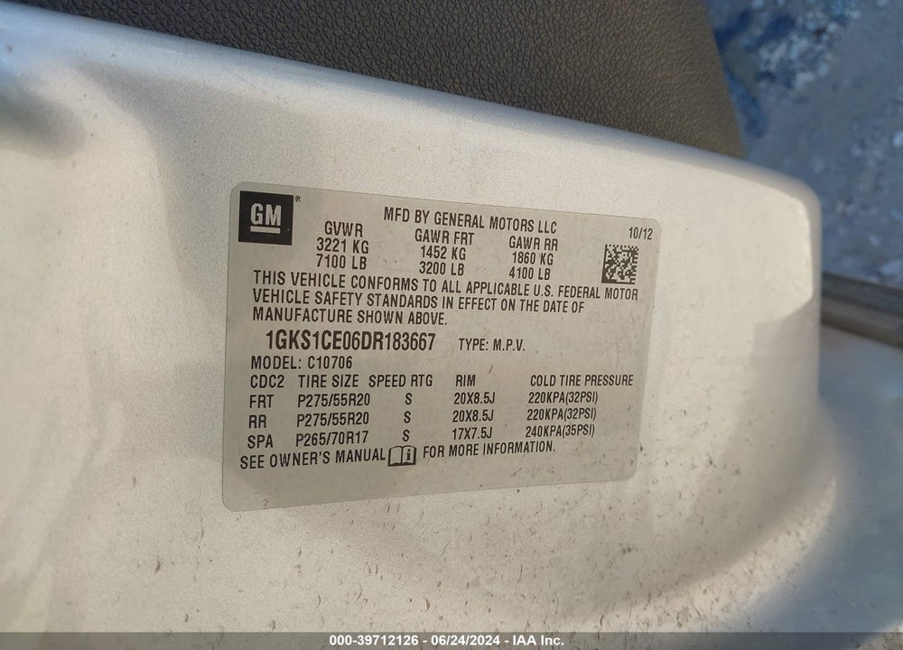 2013 GMC YUKON SLT VIN: 1GKS1CE06DR183667