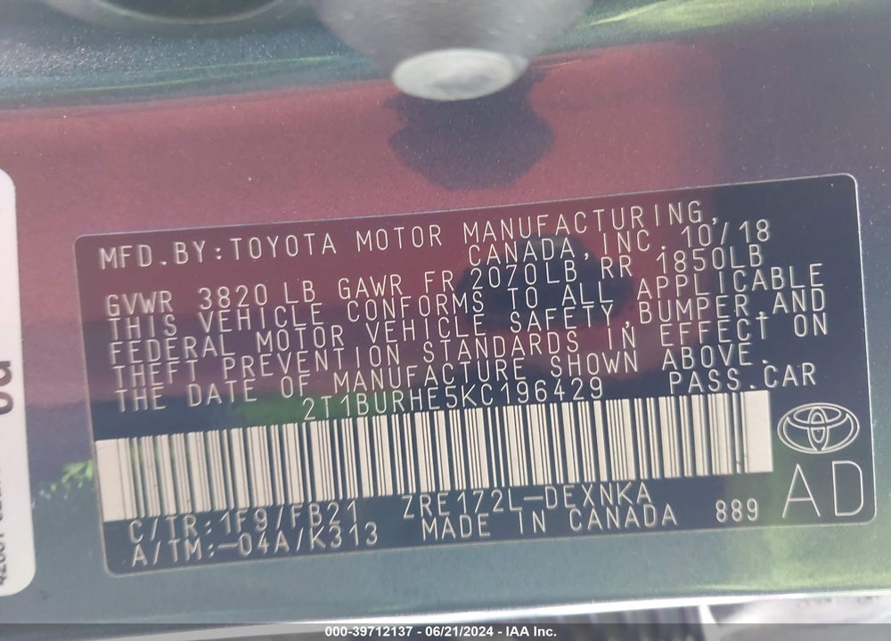 2019 TOYOTA COROLLA LE VIN: 2T1BURHE5KC196429
