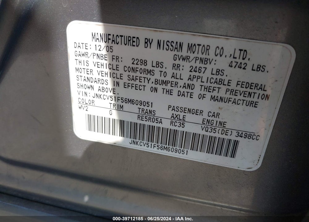 2006 INFINITI G35X VIN: JNKCV51F56M609051