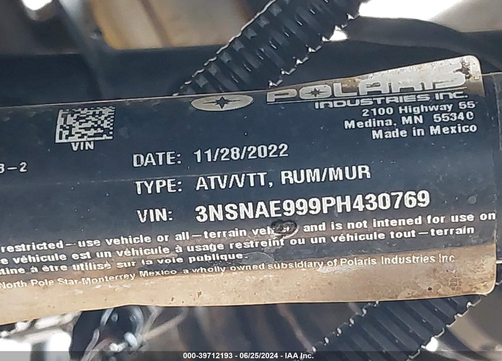 2023 POLARIS RZR XP 1000 VIN: 3NSNAE999PH430769