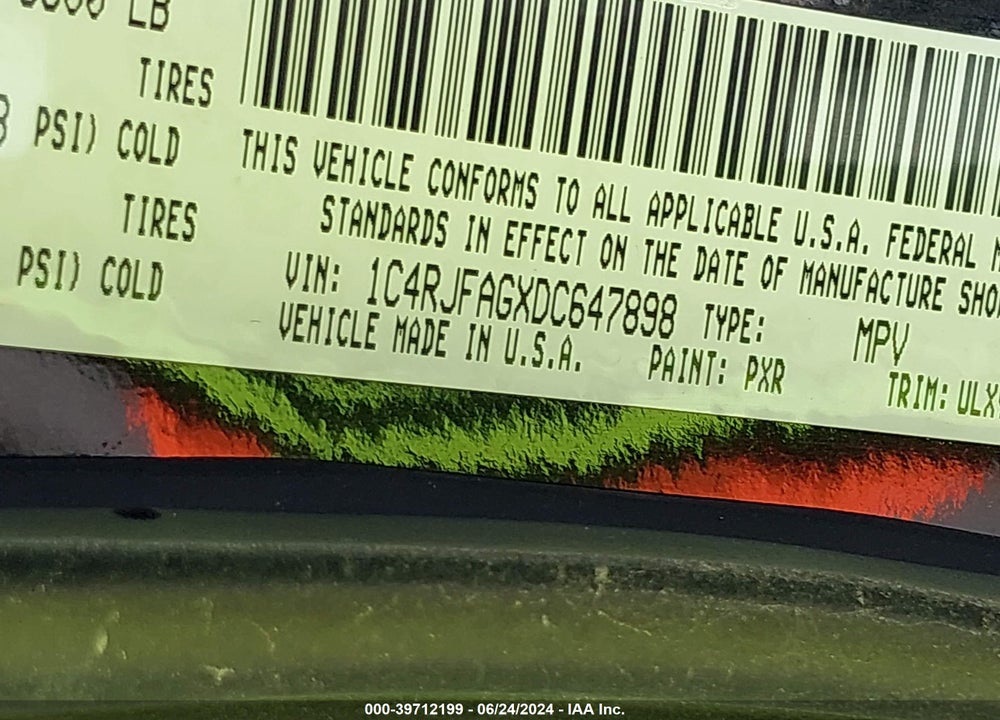 2013 JEEP GRAND CHEROKEE LAREDO VIN: 1C4RJFAGXDC647898