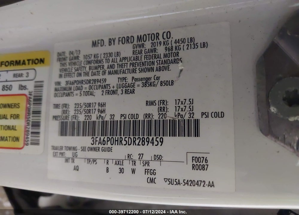 2013 FORD FUSION SE VIN: 3FA6P0HR5DR289459