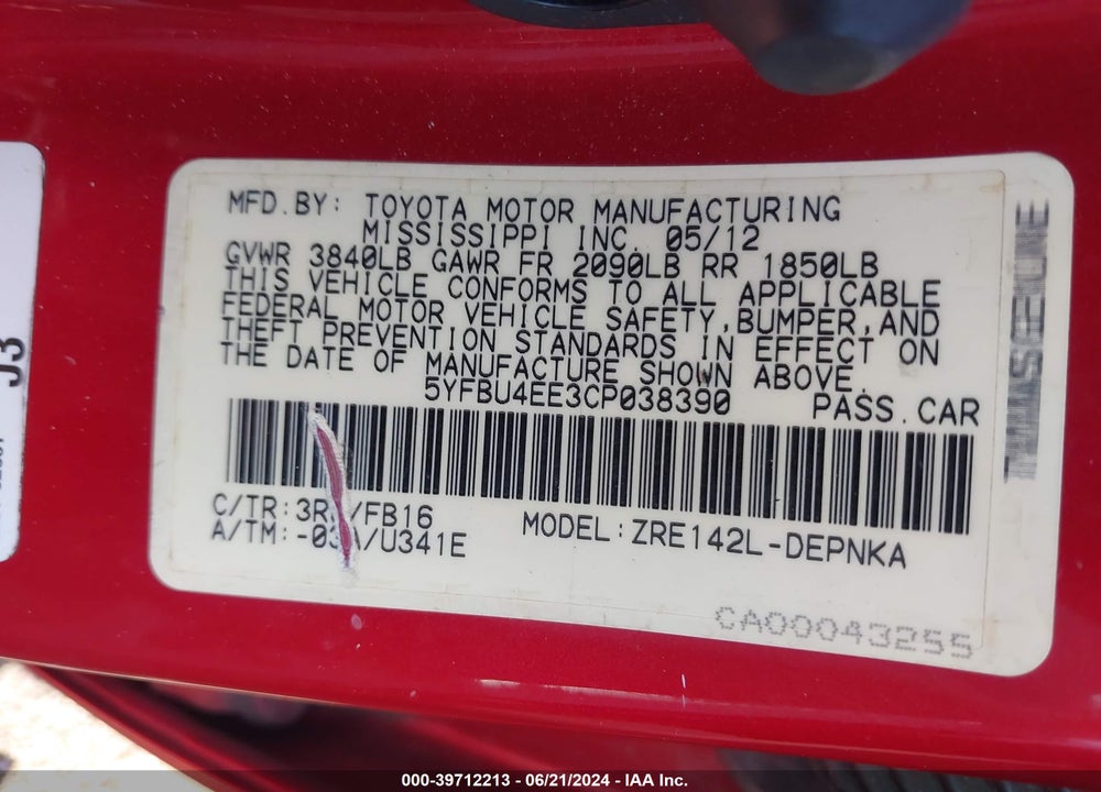 2012 TOYOTA COROLLA LE VIN: 5YFBU4EE3CP038390