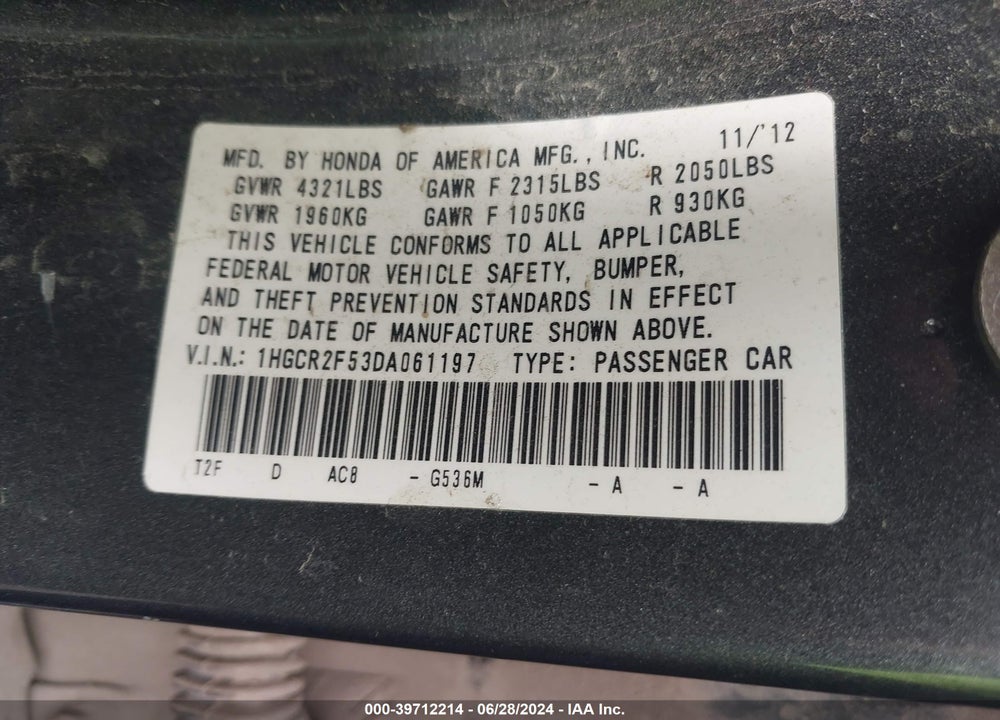 2013 HONDA ACCORD SPORT VIN: 1HGCR2F53DA061197