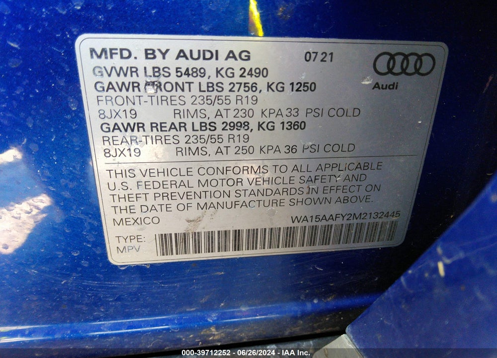 2021 AUDI Q5 SPORTBACK PREMIUM PLUS 45 TFSI QUATTRO S TRONIC VIN: WA15AAFY2M2132445