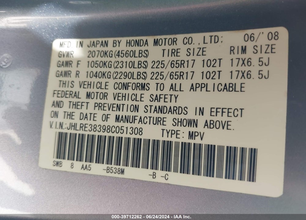 2008 HONDA CR-V LX VIN: JHLRE38398C051308