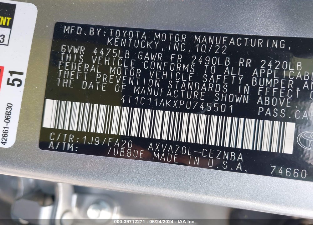 2023 TOYOTA CAMRY LE VIN: 4T1C11AKXPU745501