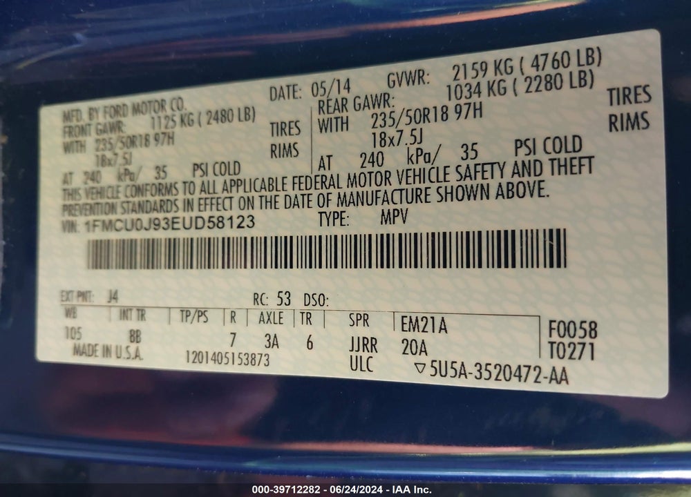 2014 FORD ESCAPE TITANIUM VIN: 1FMCU0J93EUD58123