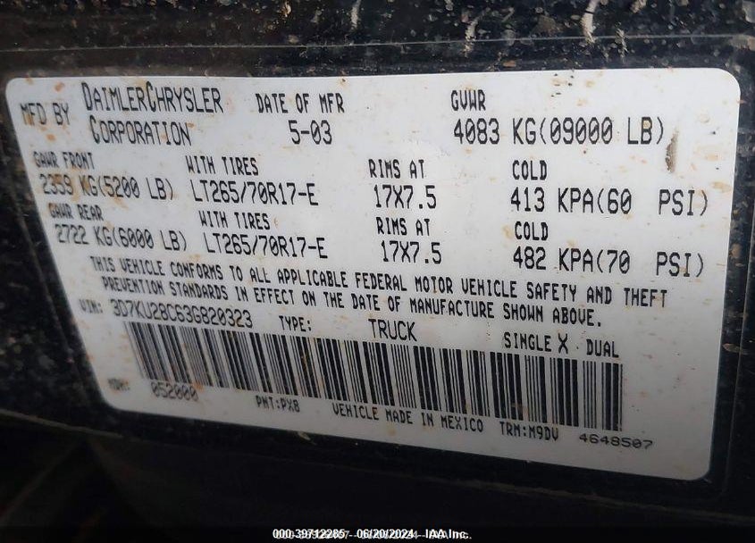 2003 DODGE RAM 2500 SLT/LARAMIE/ST VIN: 3D7KU28C63G820323