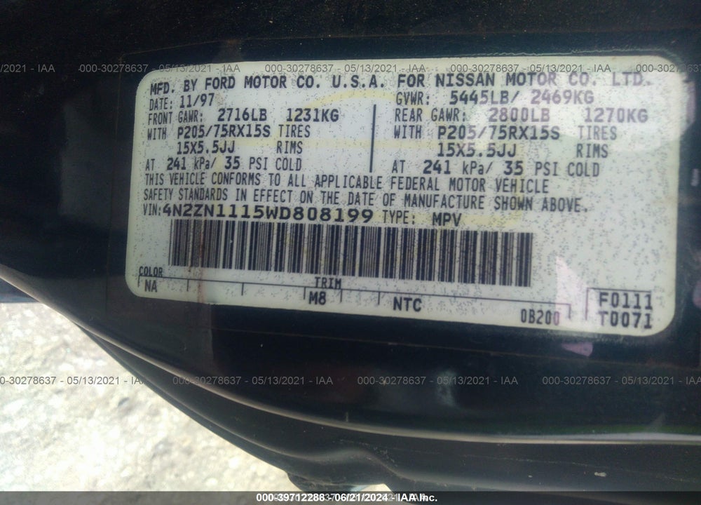 1998 NISSAN QUEST GXE/XE VIN: 4N2ZN1115WD808199