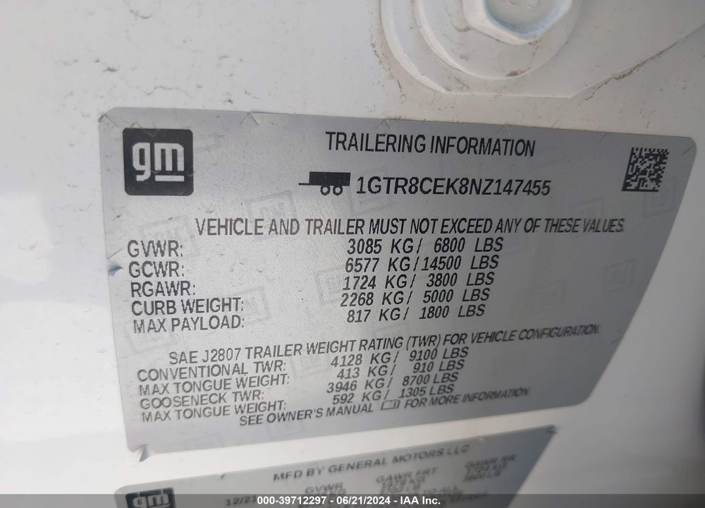 2022 GMC SIERRA 1500 LIMITED 2WD DOUBLE CAB STANDARD BOX ELEVATION VIN: 1GTR8CEK8NZ147455