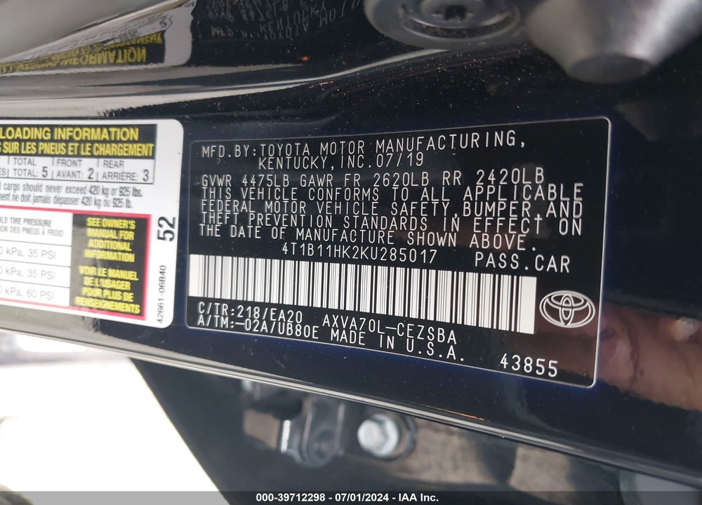 2019 TOYOTA CAMRY VIN: 4T1B11HK2KU285017