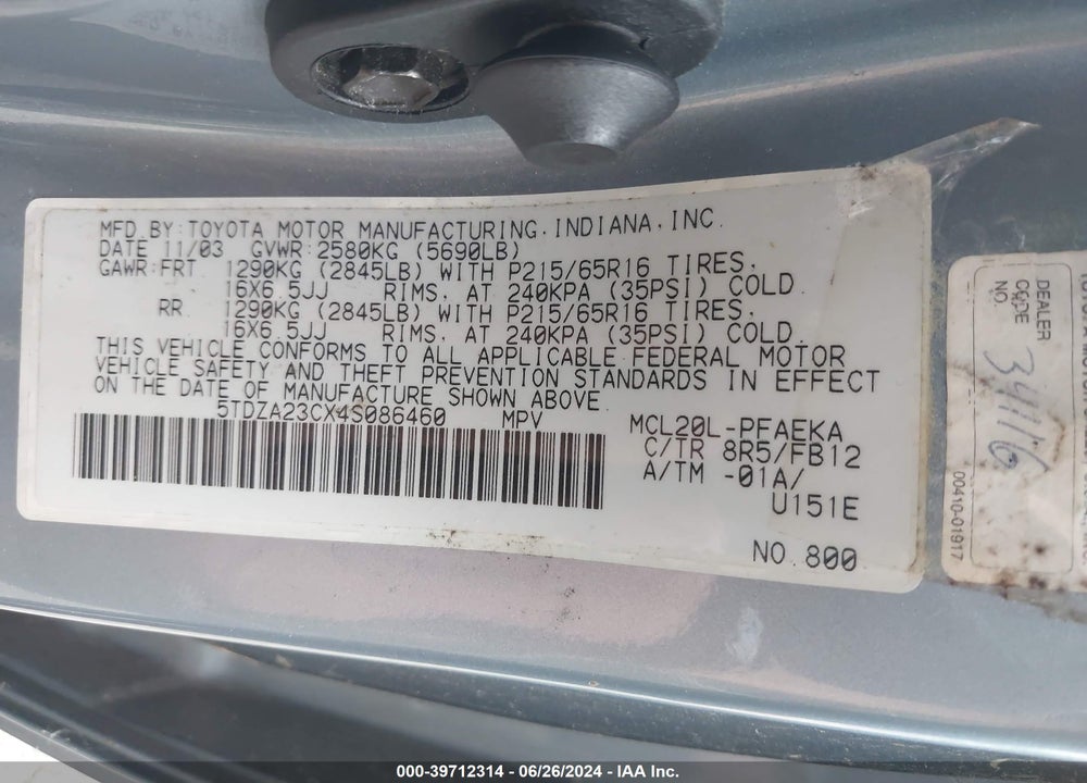 2004 TOYOTA SIENNA LE VIN: 5TDZA23CX4S086460