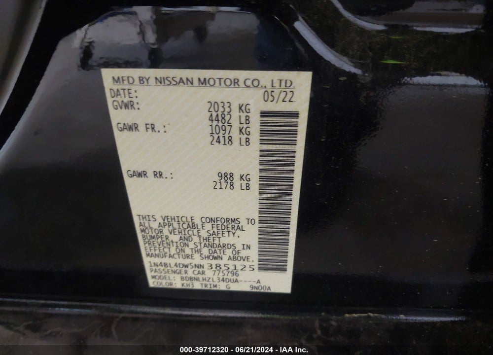 2022 NISSAN ALTIMA SV INTELLIGENT AWD VIN: 1N4BL4DW5NN385125
