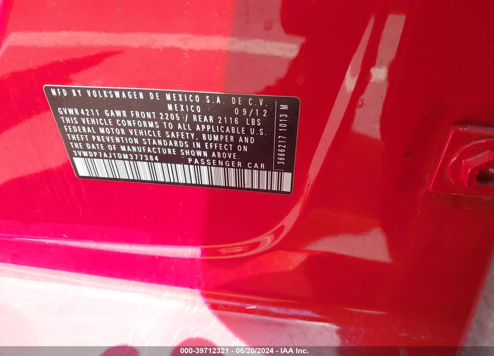 2013 VOLKSWAGEN JETTA 2.5L SE VIN: 3VWDP7AJ1DM377384