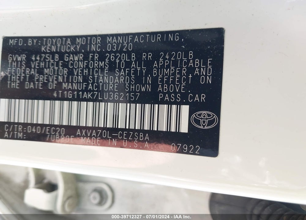 2020 TOYOTA CAMRY SE NIGHTSHADE EDITION VIN: 4T1G11AK7LU362157