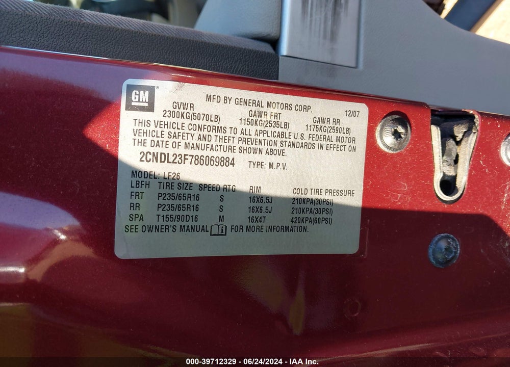 2008 CHEVROLET EQUINOX LS VIN: 2CNDL23F786069884